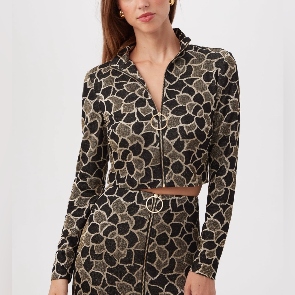 Trina Turk Nwt Metallic Jacquard Frosty Meadows Golden Sparkly Zippered Crop Top